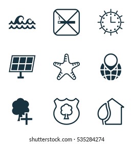 Set Of 9 Eco Icons. Includes Ocean Wave, Home, Pin Earth And Other Symbols. Beautiful Design Elements.