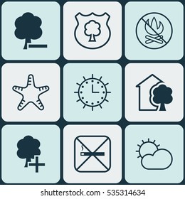 Set Of 9 Eco Icons. Includes Timber, Fire Banned, Cigarette And Other Symbols. Beautiful Design Elements.