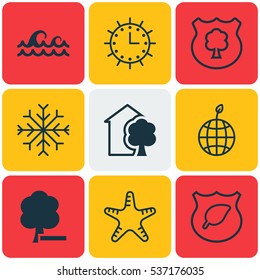 Set Of 9 Eco Icons. Includes Guard Tree, Sun Clock, World Ecology And Other Symbols. Beautiful Design Elements.