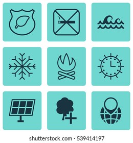 Set Of 9 Eco Icons. Includes Cigarette, Sun Power, Guard Tree And Other Symbols. Beautiful Design Elements.