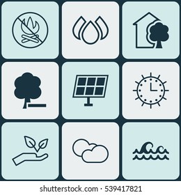 Set Of 9 Eco Icons. Includes Aqua, Sun Clock, Fire Banned And Other Symbols. Beautiful Design Elements.