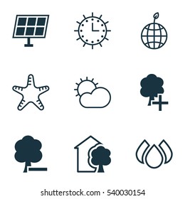 Set Of 9 Eco Icons. Includes Sun Power, World Ecology, Aqua And Other Symbols. Beautiful Design Elements.