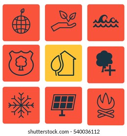 Set Of 9 Eco Icons. Includes Bonfire, Timber, Home And Other Symbols. Beautiful Design Elements.