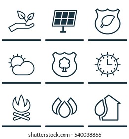 Set Of 9 Eco Icons. Includes Timber, Sun Clock, Sun Power And Other Symbols. Beautiful Design Elements.
