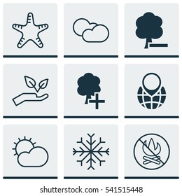 Set Of 9 Eco Icons. Includes Cloud Cumulus, Fire Banned, Insert Woods And Other Symbols. Beautiful Design Elements.