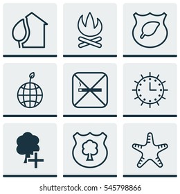 Set Of 9 Eco Icons. Includes Cigarette, Sea Star, Guard Tree And Other Symbols. Beautiful Design Elements.