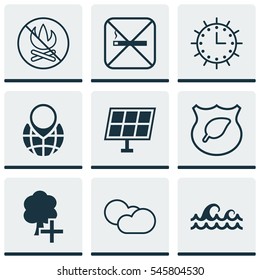 Set Of 9 Eco Icons. Includes Cigarette, Cloud Cumulus, Insert Woods And Other Symbols. Beautiful Design Elements.