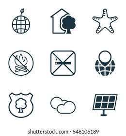 Set Of 9 Eco Icons. Includes World Ecology, Cigarette, Fire Banned And Other Symbols. Beautiful Design Elements.