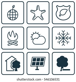 Set Of 9 Eco Icons. Includes Guard Tree, Bonfire, Delete Woods And Other Symbols. Beautiful Design Elements.