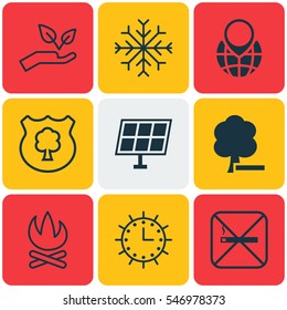 Set Of 9 Eco Icons. Includes Sun Power, Bonfire, Delete Woods And Other Symbols. Beautiful Design Elements.
