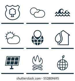 Set Of 9 Eco Icons. Includes Timber, World Ecology, Pin Earth And Other Symbols. Beautiful Design Elements.