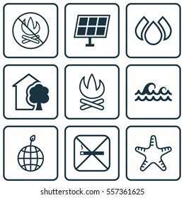 Set Of 9 Eco Icons. Includes Cigarette, World Ecology, Aqua And Other Symbols. Beautiful Design Elements.