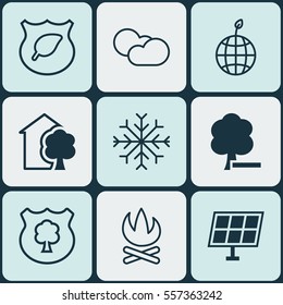 Set Of 9 Eco Icons. Includes Bonfire, Guard Tree, World Ecology And Other Symbols. Beautiful Design Elements.