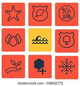 Set Of 9 Eco Icons. Includes Fire Banned, Sea Star, Timber And Other Symbols. Beautiful Design Elements.
