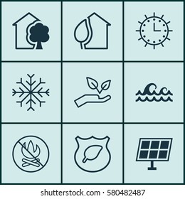Set Of 9 Eco Icons. Includes Snow, Sun Clock, Sun Power And Other Symbols. Beautiful Design Elements.