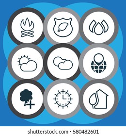 Set Of 9 Eco Icons. Includes Pin Earth, Sun Clock, Aqua And Other Symbols. Beautiful Design Elements.
