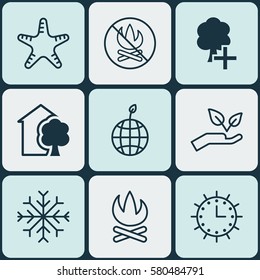 Set Of 9 Eco Icons. Includes World Ecology, Sea Star, Fire Banned And Other Symbols. Beautiful Design Elements.