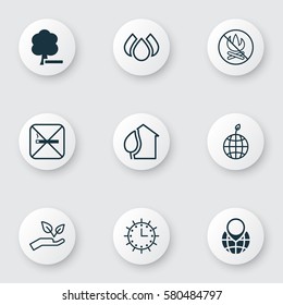 Set Of 9 Eco Icons. Includes World Ecology, Save World, Aqua And Other Symbols. Beautiful Design Elements.