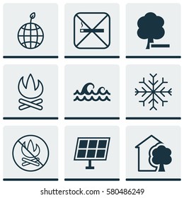 Set Of 9 Eco Icons. Includes Cigarette, House, Ocean Wave And Other Symbols. Beautiful Design Elements.