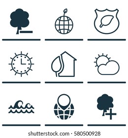 Set Of 9 Eco Icons. Includes Ocean Wave, Pin Earth, World Ecology And Other Symbols. Beautiful Design Elements.