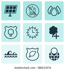 Set Of 9 Eco Icons. Includes Pin Earth, Sun Power, Timber And Other Symbols. Beautiful Design Elements.