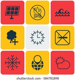 Set Of 9 Eco Icons. Includes Insert Woods, Fire Banned, Pin Earth And Other Symbols. Beautiful Design Elements.