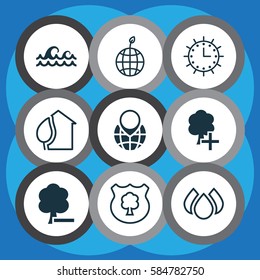 Set Of 9 Eco Icons. Includes Timber, World Ecology, Aqua And Other Symbols. Beautiful Design Elements.