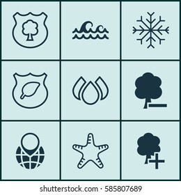 Set Of 9 Eco Icons. Includes Timber, Insert Woods, Ocean Wave And Other Symbols. Beautiful Design Elements.