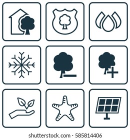 Set Of 9 Eco Icons. Includes Insert Woods, Aqua, Snow And Other Symbols. Beautiful Design Elements.