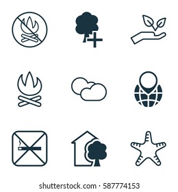 Set Of 9 Eco Icons. Includes Insert Woods, Fire Banned, Pin Earth And Other Symbols. Beautiful Design Elements.