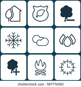 Set Of 9 Eco Icons. Includes Bonfire, Aqua, Delete Woods And Other Symbols. Beautiful Design Elements.