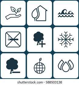 Set Of 9 Eco Icons. Includes Aqua, Cigarette, Delete Woods And Other Symbols. Beautiful Design Elements.
