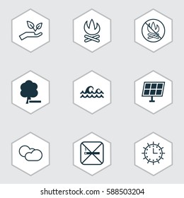 Set Of 9 Eco Icons. Includes Sun Power, Fire Banned, Sun Clock And Other Symbols. Beautiful Design Elements.