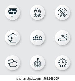 Set Of 9 Eco Icons. Includes Home, Ocean Wave, Bonfire And Other Symbols. Beautiful Design Elements.