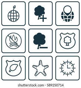 Set Of 9 Eco Icons. Includes Timber, World Ecology, Delete Woods And Other Symbols. Beautiful Design Elements.