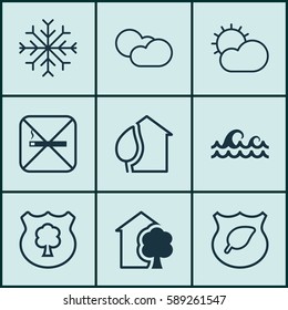 Set Of 9 Eco Icons. Includes Cigarette, Cloud Cumulus, Timber And Other Symbols. Beautiful Design Elements.