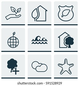Set Of 9 Eco Icons. Includes Save World, House, World Ecology And Other Symbols. Beautiful Design Elements.