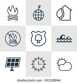 Set Of 9 Eco Icons. Includes Bonfire, Fire Banned, World Ecology And Other Symbols. Beautiful Design Elements.