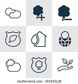 Set Of 9 Eco Icons. Includes Home, Pin Earth, Save World And Other Symbols. Beautiful Design Elements.