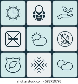 Set Of 9 Eco Icons. Includes Pin Earth, Snow, Save World And Other Symbols. Beautiful Design Elements.