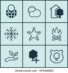 Set Of 9 Eco Icons. Includes Clear Climate, Save World, Pin Earth And Other Symbols. Beautiful Design Elements.