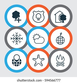 Set Of 9 Eco Icons. Includes Clear Climate, Sea Star, Snow And Other Symbols. Beautiful Design Elements.