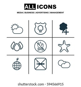 Set Of 9 Eco Icons. Includes World Ecology, Cloud Cumulus, Timber And Other Symbols. Beautiful Design Elements.