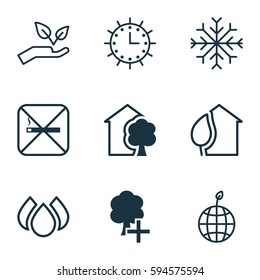 Set Of 9 Eco Icons. Includes Insert Woods, Home, Save World And Other Symbols. Beautiful Design Elements.