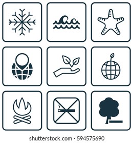 Set Of 9 Eco Icons. Includes Snow, World Ecology, Delete Woods And Other Symbols. Beautiful Design Elements.