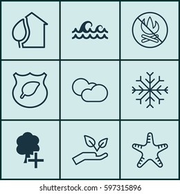 Set Of 9 Eco Icons. Includes Fire Banned, Cloud Cumulus, Home And Other Symbols. Beautiful Design Elements.