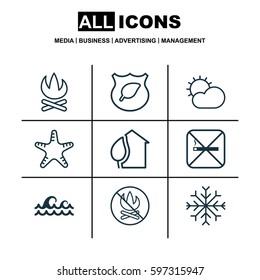 Set Of 9 Eco Icons. Includes Bonfire, Cigarette, Fire Banned And Other Symbols. Beautiful Design Elements.