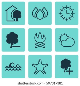 Set Of 9 Eco Icons. Includes Delete Woods, Aqua, Ocean Wave And Other Symbols. Beautiful Design Elements.