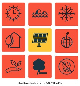 Set Of 9 Eco Icons. Includes Save World, Fire Banned, World Ecology And Other Symbols. Beautiful Design Elements.