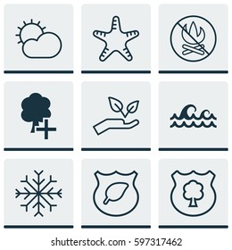 Set Of 9 Eco Icons. Includes Ocean Wave, Guard Tree, Save World And Other Symbols. Beautiful Design Elements.